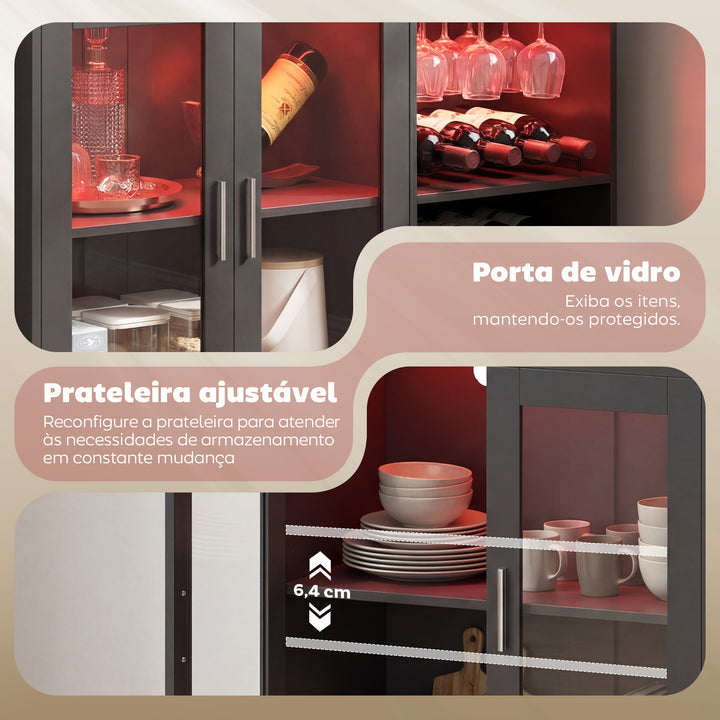 Móvel de Bar Armário Buffet para Vinhos com Luzes LED RGB, Porta-Garrafas para 12 Garrafas, Aparador de Cozinha com Prateleira Ajustável e Portas com Fecho Suave, Preto