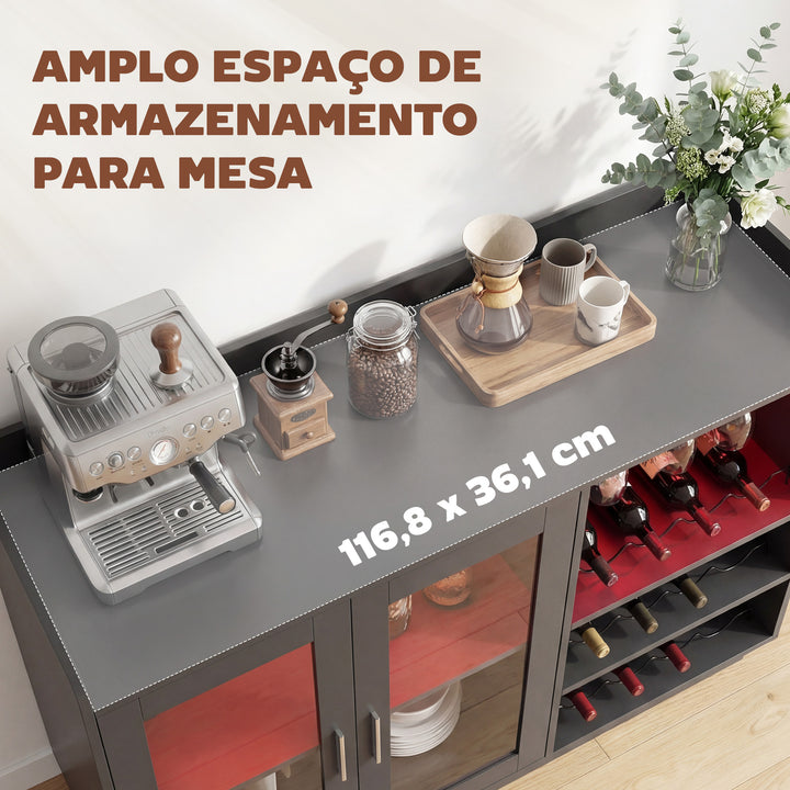 Móvel de Bar Armário Buffet para Vinhos com Luzes LED RGB, Porta-Garrafas para 12 Garrafas, Aparador de Cozinha com Prateleira Ajustável e Portas com Fecho Suave, Preto