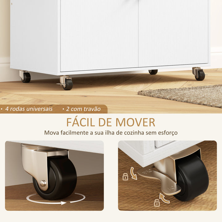 Ilha de Cozinha com Rodas Carrinho de Cozinha com Lateral Dobrável 2 Portas Gaveta Suporte para Temperos e Panos e Prateleira Ajustável 106x42x87 cm Branco e Carvalho