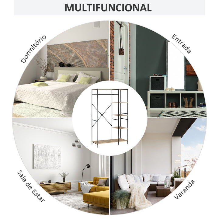 Charriot para Roupas Charriot de Madeira com 4 Prateleiras de Arrumação e Barra para Pendurar Carga Máxima 30kg para Dormitório Entrada 100x46x170,5cm Madeira e Preto