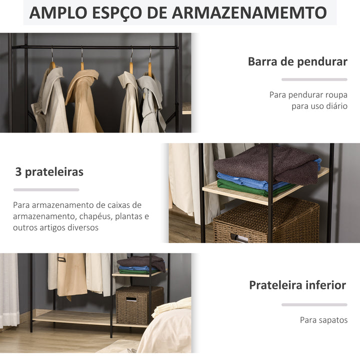 Charriot para Roupas Charriot de Madeira com 4 Prateleiras de Arrumação e Barra para Pendurar Carga Máxima 30kg para Dormitório Entrada 100x46x170,5cm Madeira e Preto
