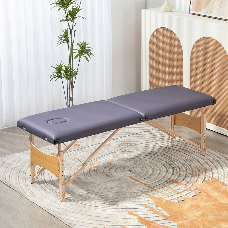 Marquesa de Massagem Dobrável Mesa de Massagem Portátil com Apoio para a Cabeça Estrutura de Madeira Altura Ajustável e Bolsa de Transporte 186x60x58-81 cm Roxo