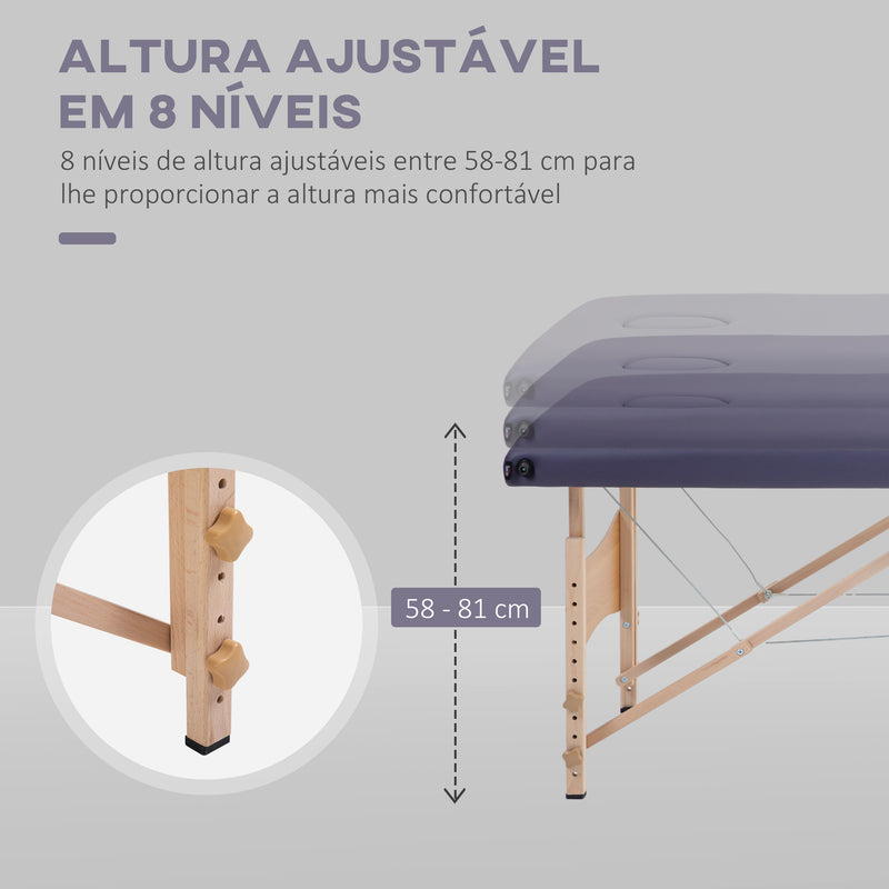 Marquesa de Massagem Dobrável Mesa de Massagem Portátil com Apoio para a Cabeça Estrutura de Madeira Altura Ajustável e Bolsa de Transporte 186x60x58-81 cm Roxo