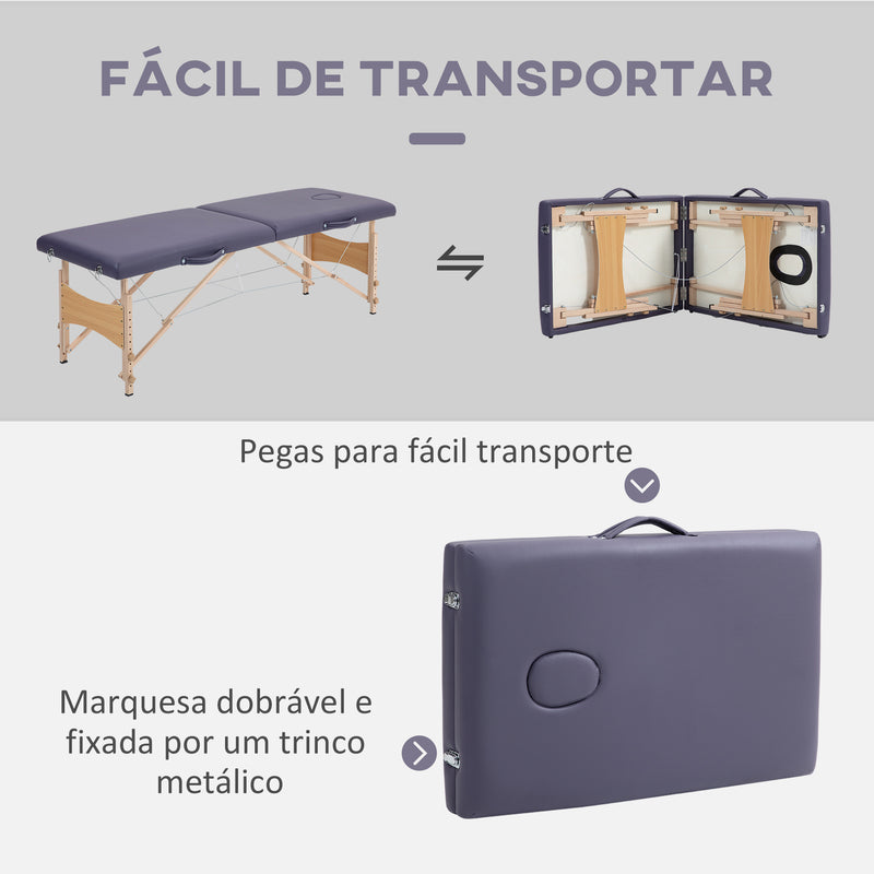 Marquesa de Massagem Dobrável Mesa de Massagem Portátil com Apoio para a Cabeça Estrutura de Madeira Altura Ajustável e Bolsa de Transporte 186x60x58-81 cm Roxo