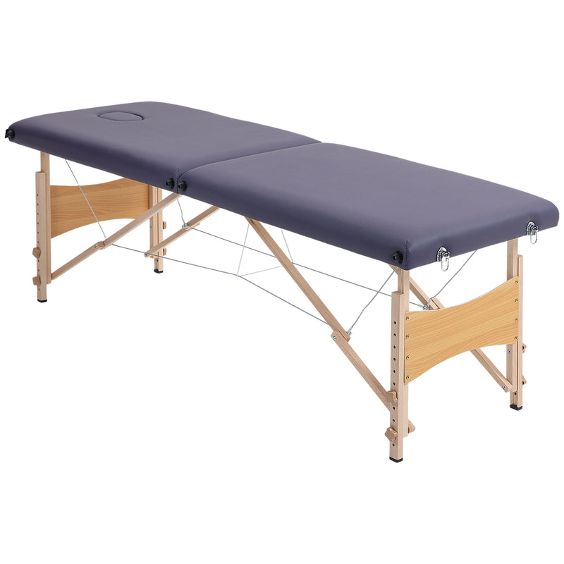 Marquesa de Massagem Dobrável Mesa de Massagem Portátil com Apoio para a Cabeça Estrutura de Madeira Altura Ajustável e Bolsa de Transporte 186x60x58-81 cm Roxo