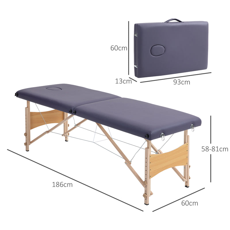 Marquesa de Massagem Dobrável Mesa de Massagem Portátil com Apoio para a Cabeça Estrutura de Madeira Altura Ajustável e Bolsa de Transporte 186x60x58-81 cm Roxo