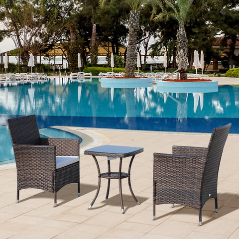 Conjunto de 1 Mesa 2 Cadeiras Rattan para Jardim com almofada Estrutura Metal Cor Castanho