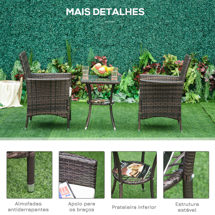 Conjunto de 1 Mesa 2 Cadeiras Rattan para Jardim com almofada Estrutura Metal Cor Castanho