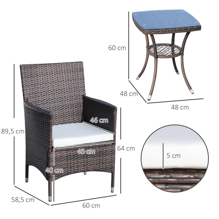 Conjunto de 1 Mesa 2 Cadeiras Rattan para Jardim com almofada Estrutura Metal Cor Castanho