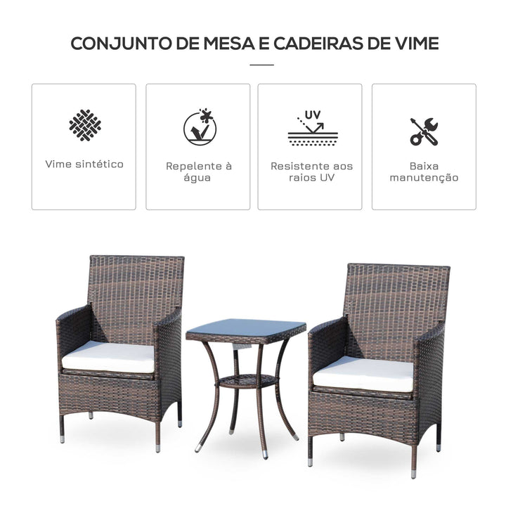 Conjunto de 1 Mesa 2 Cadeiras Rattan para Jardim com almofada Estrutura Metal Cor Castanho