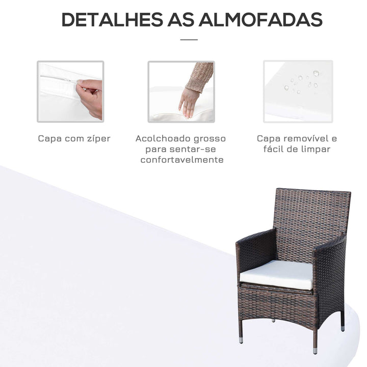 Conjunto de 1 Mesa 2 Cadeiras Rattan para Jardim com almofada Estrutura Metal Cor Castanho