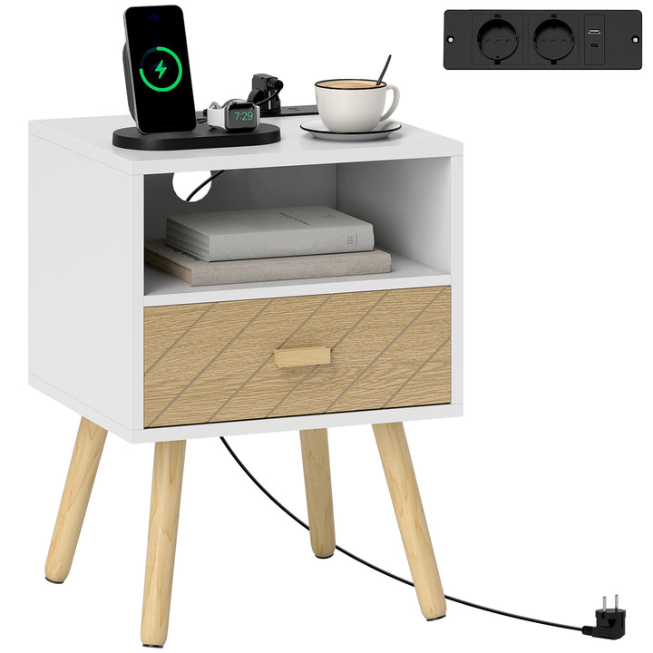 Mesa de Cabeceira com Estação de Carregamento Gaveta 2 Tomadas AC Porta USB e Tipo-C Compartimento Aberto Pernas de Madeira para Sala Quarto 40x35x54,7 cm Branco