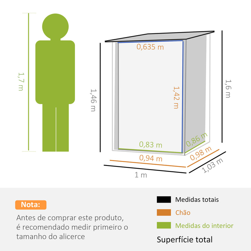 Abrigo de Jardim 0,92 m² 100x103x160cm Abrigo Exterior de Aço Galvanizado com Porta Fechadura e Teto Inclinado para Armazenamento de Ferramentas Verde