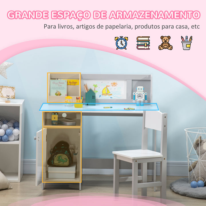 Conjunto de Mesa e Cadeira Infantil de Madeira com Quadro Branco Mesa de Estudo para Crianças acima de 5 Anos Móvel Escritório Infantil 90x45x85cm Cinza