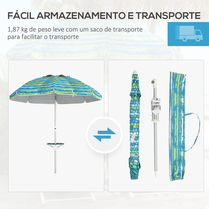 Chapéu de Sol de Praia Ø190x215 cm Chapéu de Sol para Terraço com Inclinação de 45° e Altura Ajustável Mesa com Porta-Copos Anti-UV Impermeável e Bolsa de Transporte para Jardim Multicolor