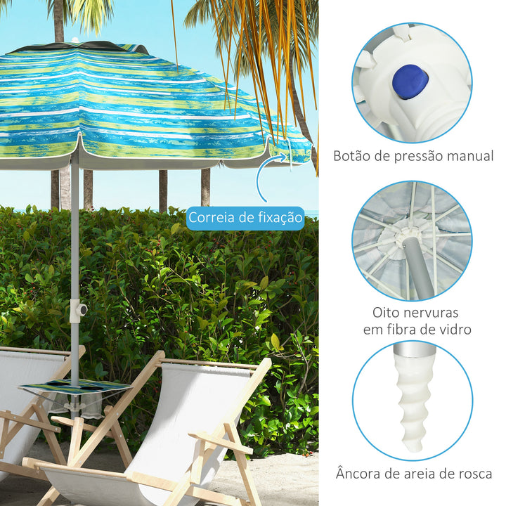 Chapéu de Sol de Praia Ø190x215 cm Chapéu de Sol para Terraço com Inclinação de 45° e Altura Ajustável Mesa com Porta-Copos Anti-UV Impermeável e Bolsa de Transporte para Jardim Multicolor