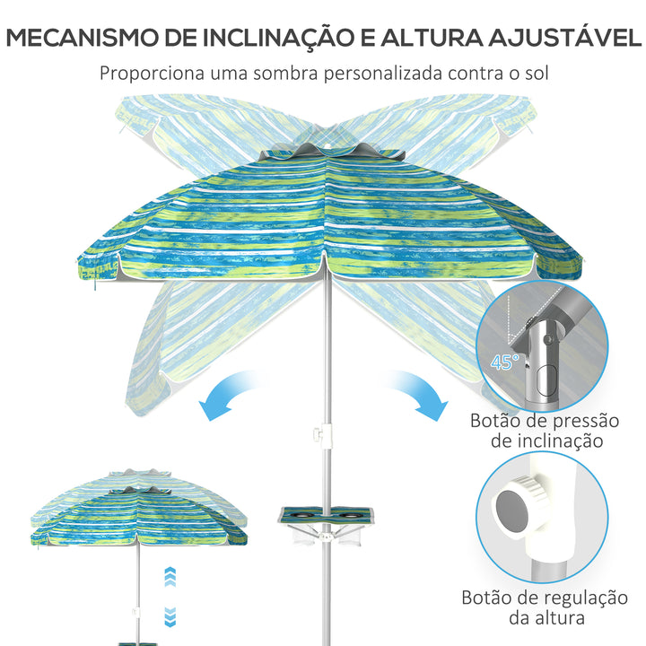 Chapéu de Sol de Praia Ø190x215 cm Chapéu de Sol para Terraço com Inclinação de 45° e Altura Ajustável Mesa com Porta-Copos Anti-UV Impermeável e Bolsa de Transporte para Jardim Multicolor