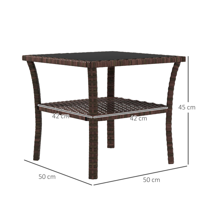 Mesa de Vime Quadrada 50x50x45 cm Mesa de Jardim e Prateleira Tampo de Vidro e Estrutura de Aço Suporta 30 kg para Terraço Pátio Castanho