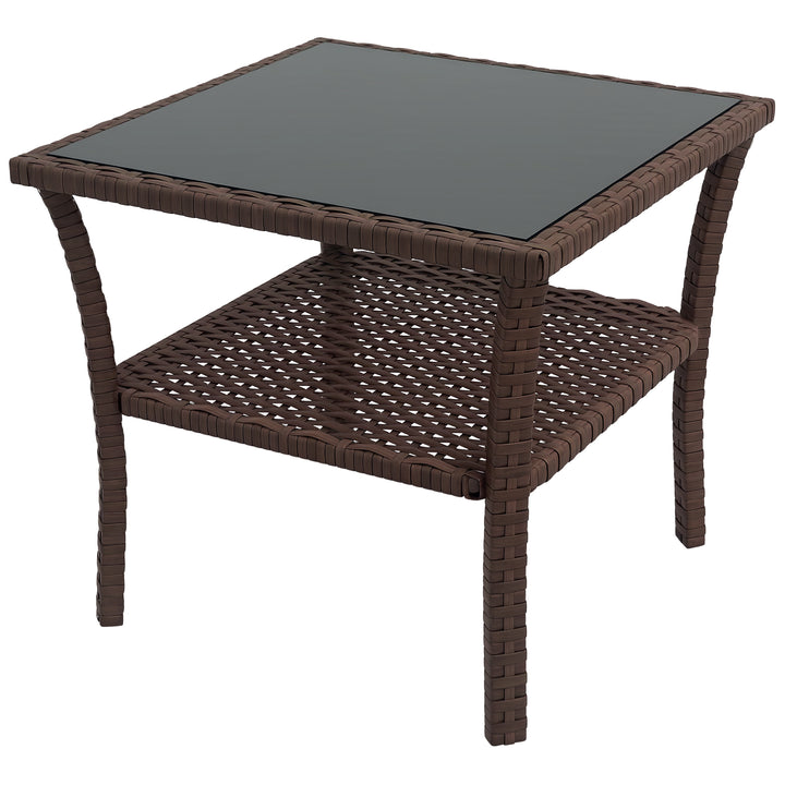 Mesa de Vime Quadrada 50x50x45 cm Mesa de Jardim e Prateleira Tampo de Vidro e Estrutura de Aço Suporta 30 kg para Terraço Pátio Castanho
