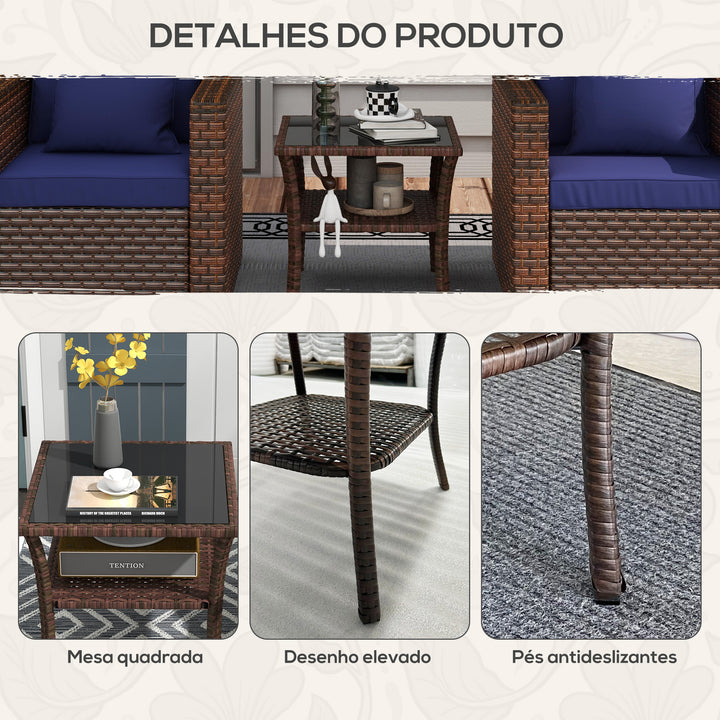 Mesa de Vime Quadrada 50x50x45 cm Mesa de Jardim e Prateleira Tampo de Vidro e Estrutura de Aço Suporta 30 kg para Terraço Pátio Castanho