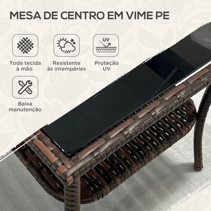 Mesa de Vime Quadrada 50x50x45 cm Mesa de Jardim e Prateleira Tampo de Vidro e Estrutura de Aço Suporta 30 kg para Terraço Pátio Castanho