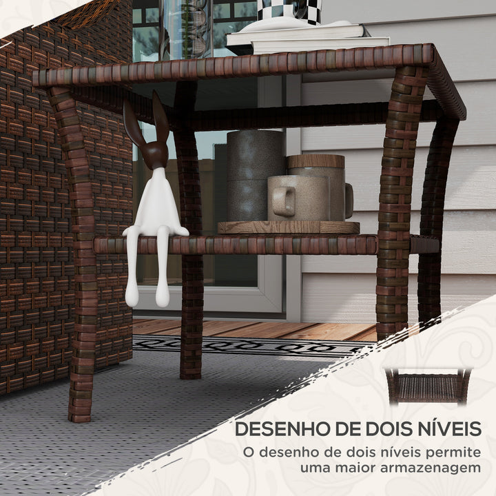 Mesa de Vime Quadrada 50x50x45 cm Mesa de Jardim e Prateleira Tampo de Vidro e Estrutura de Aço Suporta 30 kg para Terraço Pátio Castanho