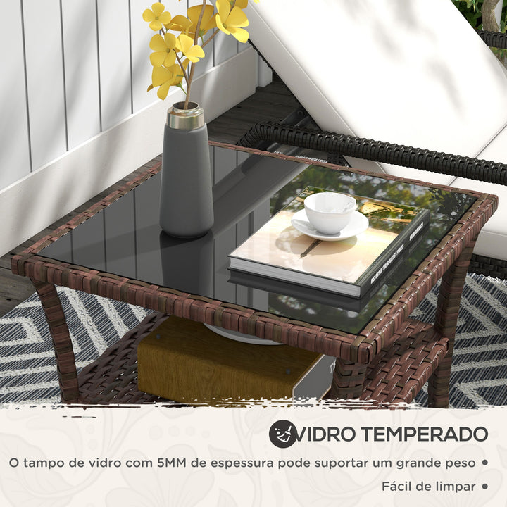 Mesa de Vime Quadrada 50x50x45 cm Mesa de Jardim e Prateleira Tampo de Vidro e Estrutura de Aço Suporta 30 kg para Terraço Pátio Castanho