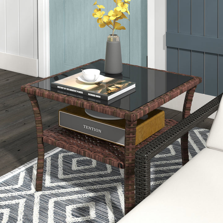Mesa de Vime Quadrada 50x50x45 cm Mesa de Jardim e Prateleira Tampo de Vidro e Estrutura de Aço Suporta 30 kg para Terraço Pátio Castanho