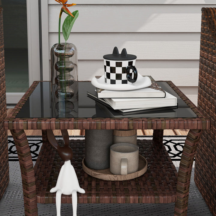 Mesa de Vime Quadrada 50x50x45 cm Mesa de Jardim e Prateleira Tampo de Vidro e Estrutura de Aço Suporta 30 kg para Terraço Pátio Castanho