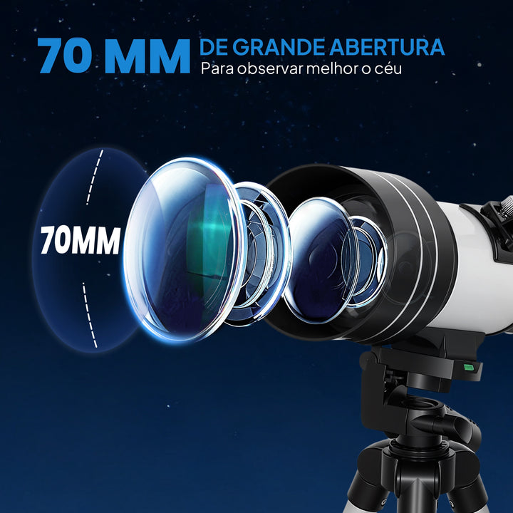 Telescópio Astronómico para Adultos e Principiantes Abertura de 70 mm 30X-300X 300 mm Portátil com Lente Barlow 3X Nível e Tripé Ajustável de Alumínio Branco e Preto