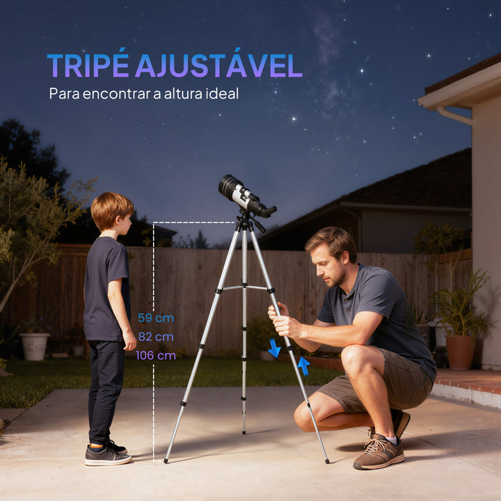 Telescópio Astronómico para Adultos e Principiantes Abertura de 70 mm 30X-300X 300 mm Portátil com Lente Barlow 3X Nível e Tripé Ajustável de Alumínio Branco e Preto