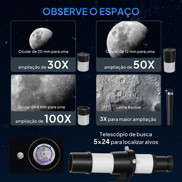 Telescópio Astronómico para Adultos e Principiantes Abertura de 70 mm 30X-300X 300 mm Portátil com Lente Barlow 3X Nível e Tripé Ajustável de Alumínio Branco e Preto