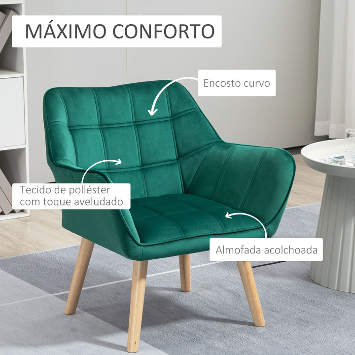 Poltrona Moderna Poltrona de Leitura Estofada em Veludo com Assento Amplo Pés em Madeira Poltrona Relax para Sala de Estar Quarto 67x61,5x71 cm Verde