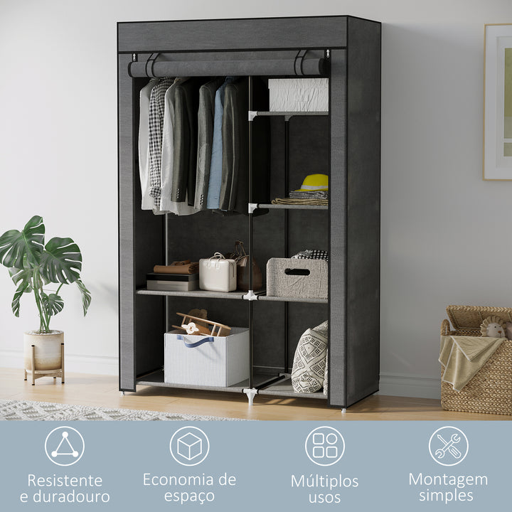 Roupeiro de Tecido Dobrável Armário de Roupa Portátil com 6 Prateleiras e 1 Barra de Pendurar para Dormitório Vestidor 103x43x162,5 cm Cinzento