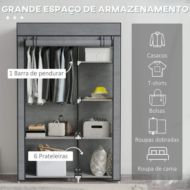 Roupeiro de Tecido Dobrável Armário de Roupa Portátil com 6 Prateleiras e 1 Barra de Pendurar para Dormitório Vestidor 103x43x162,5 cm Cinzento