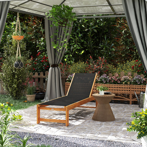 Espreguiçadeira de Madeira de Acácia Espreguiçadeira de Jardim com Rodas Encosto Ajustável em 4 Níveis Carga 160 kg Espreguiçadeira para Pátio Varanda 186x60x33 cm Teca e Preto