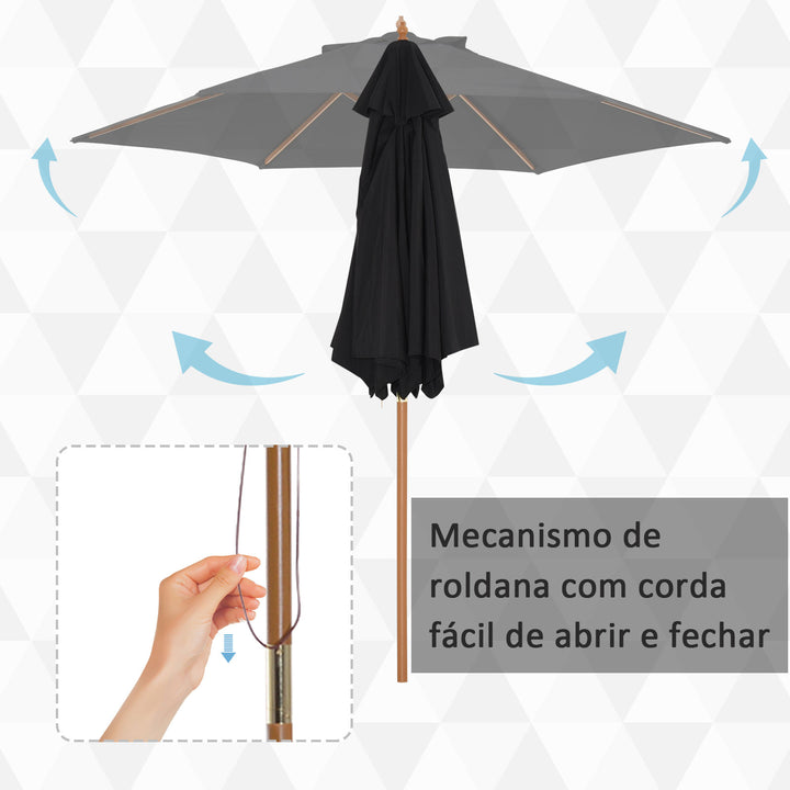 Chapéu de Sol de Madeira Ø250x230 cm para Exterior com 6 Hastes Sistema de Corda com Fixação Desmontável Portátil Fácil de Guardar e Transportar Preto