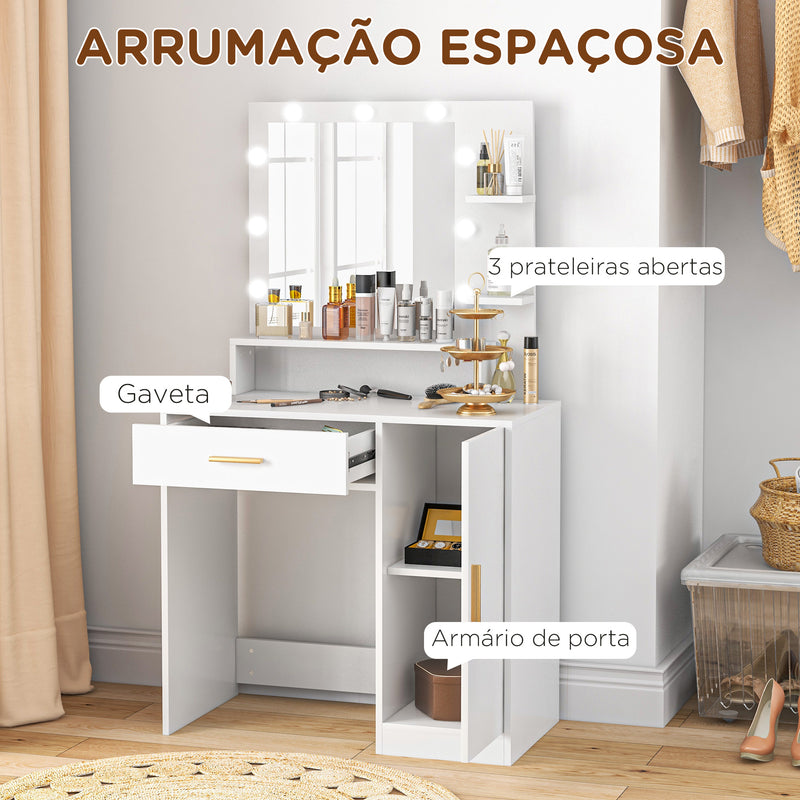 Toucador de Maquilhagem com Banco Mesa de Maquilhagem com Espelho LED Gavetas Prateleira Ajustável e Prateleiras Abertas para Dormitório Sala de Estar Branco