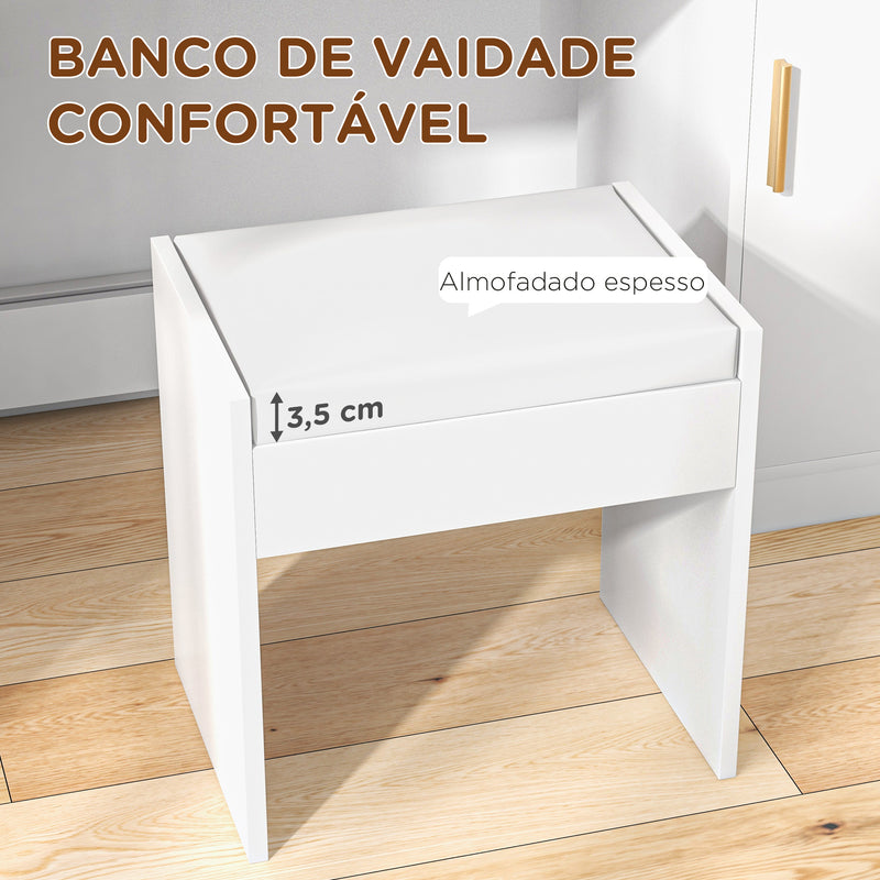 Toucador de Maquilhagem com Banco Mesa de Maquilhagem com Espelho LED Gavetas Prateleira Ajustável e Prateleiras Abertas para Dormitório Sala de Estar Branco