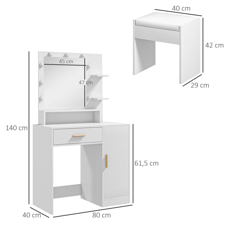 Toucador de Maquilhagem com Banco Mesa de Maquilhagem com Espelho LED Gavetas Prateleira Ajustável e Prateleiras Abertas para Dormitório Sala de Estar Branco