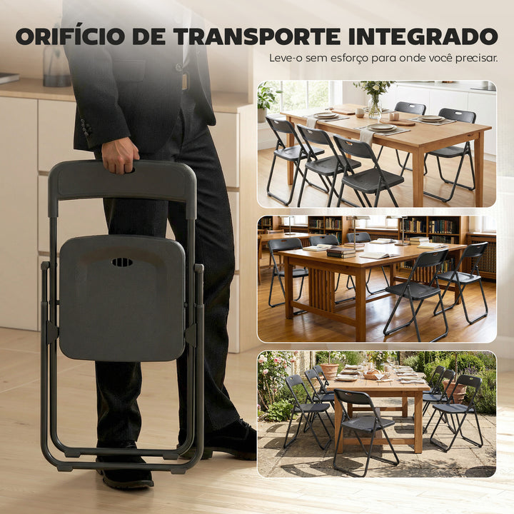 Conjunto de 6 Cadeiras Dobráveis de Plástico e Aço Cadeiras Dobráveis com Encosto Curvo Assento Côncavo com Ventilação Para Espaços Pequenos Sala de Estar Sala de Jantar Cozinha 48,5x47x75 cm Preto