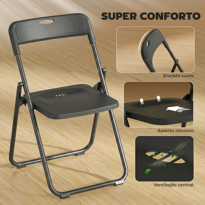 Conjunto de 6 Cadeiras Dobráveis de Plástico e Aço Cadeiras Dobráveis com Encosto Curvo Assento Côncavo com Ventilação Para Espaços Pequenos Sala de Estar Sala de Jantar Cozinha 48,5x47x75 cm Preto