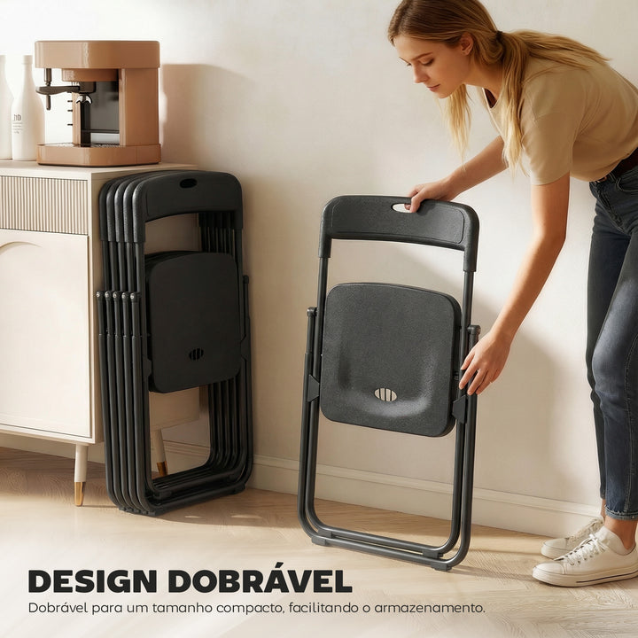 Conjunto de 6 Cadeiras Dobráveis de Plástico e Aço Cadeiras Dobráveis com Encosto Curvo Assento Côncavo com Ventilação Para Espaços Pequenos Sala de Estar Sala de Jantar Cozinha 48,5x47x75 cm Preto
