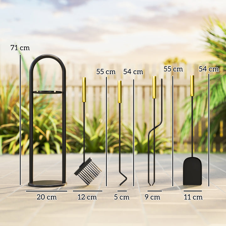 Conjunto de Acessórios para Lareira de 5 Peças Acessórios de Metal com Vassoura Pá Par de Tenazes Atiçador e Suporte 20x20x71 cm Preto e Dourado