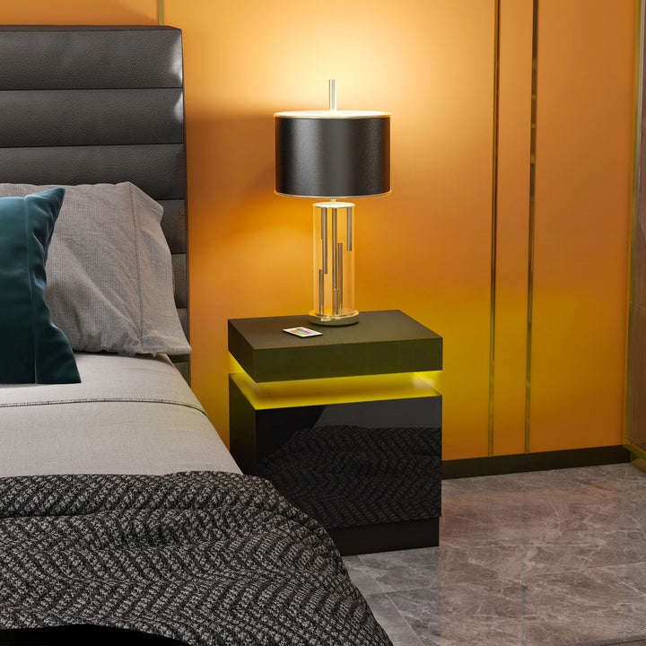 Mesa de Cabeceira com Luz LED Mesa de Cabeceira com Painel de Alto Brilho 2 Gavetas e Controlo Remoto para Sala de Estar Dormitório 45x35x52 cm Preto