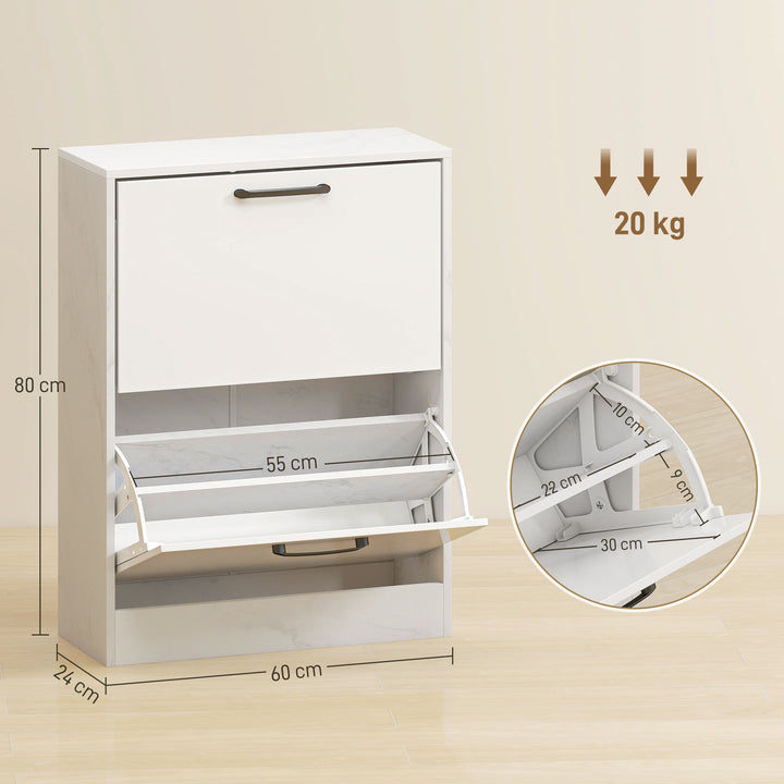 Sapateira Estreita 2 Portas de Alto Brilho Sapateira para Entrada com Prateleiras Ajustáveis Design Mármore para 8 Pares de Sapatos para Corredor Espaços Reduzidos 60x24x80 cm Branco