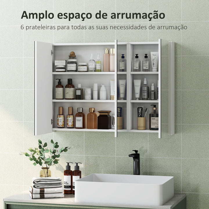 Armário de Casa de Banho com Espelho Armário de Parede Casa de Banho Suspenso com 3 Portas Prateleiras Ajustáveis 91,5x11,5x65 cm Branco