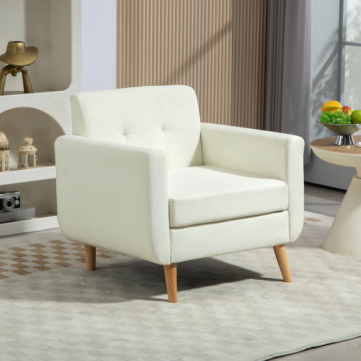 Poltrona Sala de Estar Moderna Poltrona Dormitório com Apoio para os Braços e Pés de Madeira Sofá Individual para Escritório Carga 125 kg 78x70x75 cm Creme