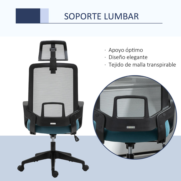 Cadeira de Escritório Ergonômica Giratória com Altura Ajustável Apoio para a Cabeça Apoio para os Braços e Suporte Lombar Reguláveis 63,5x63x116,5-125,5cm Azul e Cinza