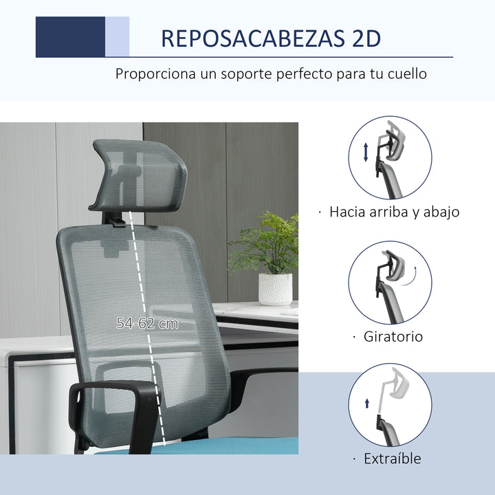 Cadeira de Escritório Ergonômica Giratória com Altura Ajustável Apoio para a Cabeça Apoio para os Braços e Suporte Lombar Reguláveis 63,5x63x116,5-125,5cm Azul e Cinza